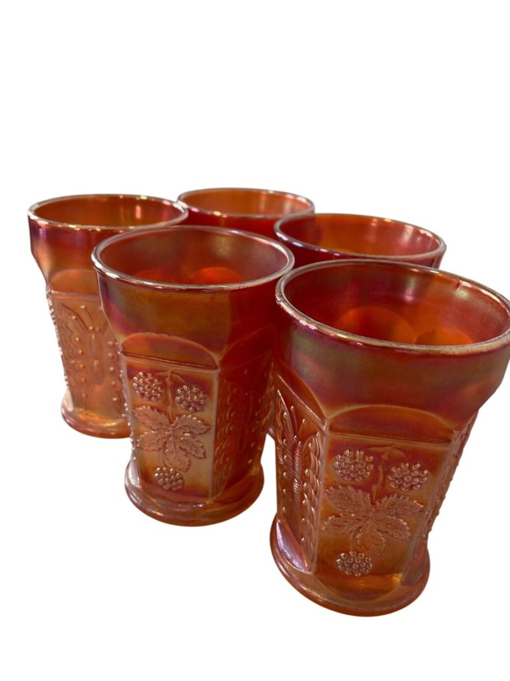 Vintage Fenton Carnival Juice Glass Set Of 5 Amber Iridescent Grape Butterfly